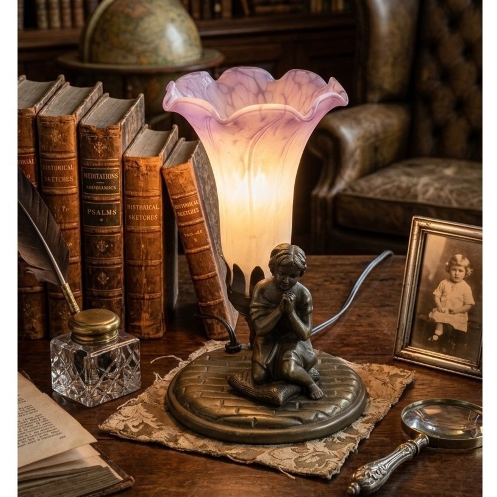 Vintage Praying‎ Child Accent Lamp Purple Lily Glass Shade Bronze Tone Base